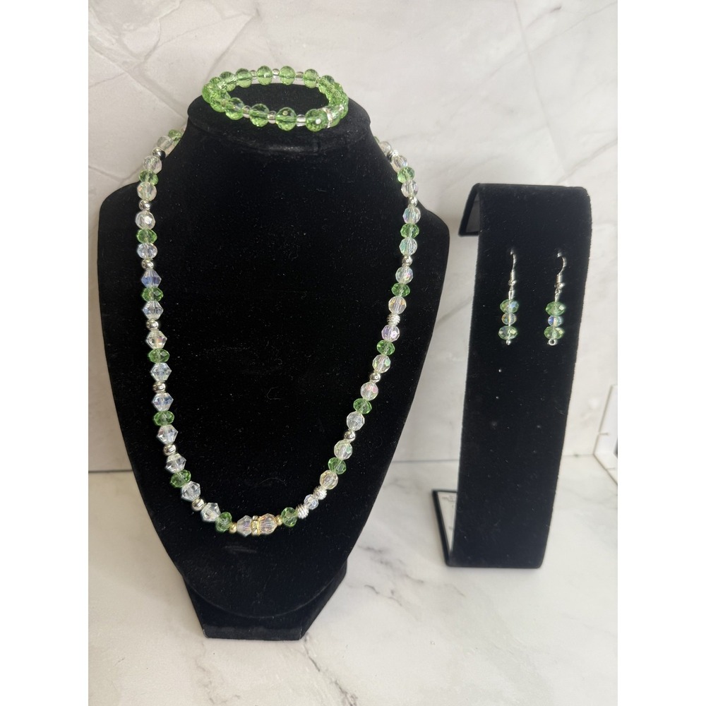 beaded jewelry set handmade necklace, bracelet and earrings green, clear, silver